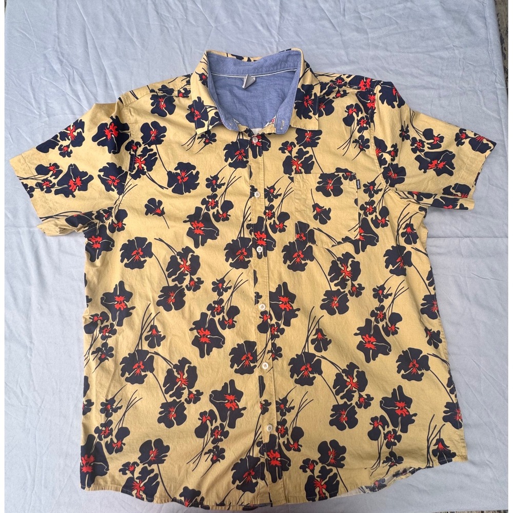 Hurley Mens XXL Floral Short Sleeve Button Down Shirt Tan Navy Hibiscus Print